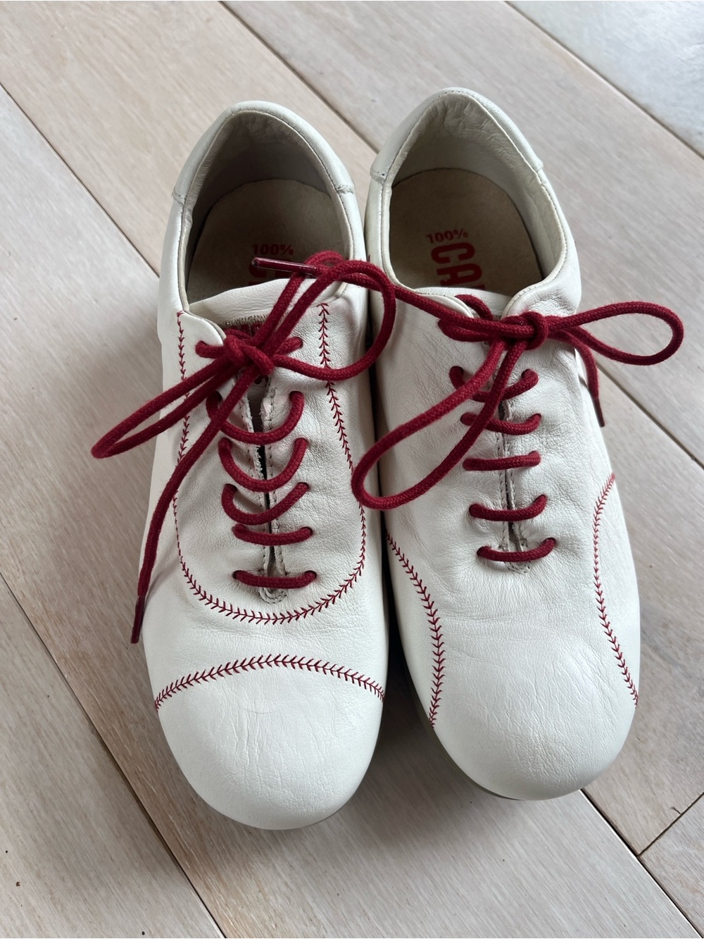 Rare Women’s Camper White Leather Lace-Up Sneakers with Red Stitching baseball